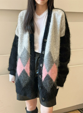 MACQNF正品2023秋冬新89133宽松V领高品质慵懒风马海毛绒外套女MQ