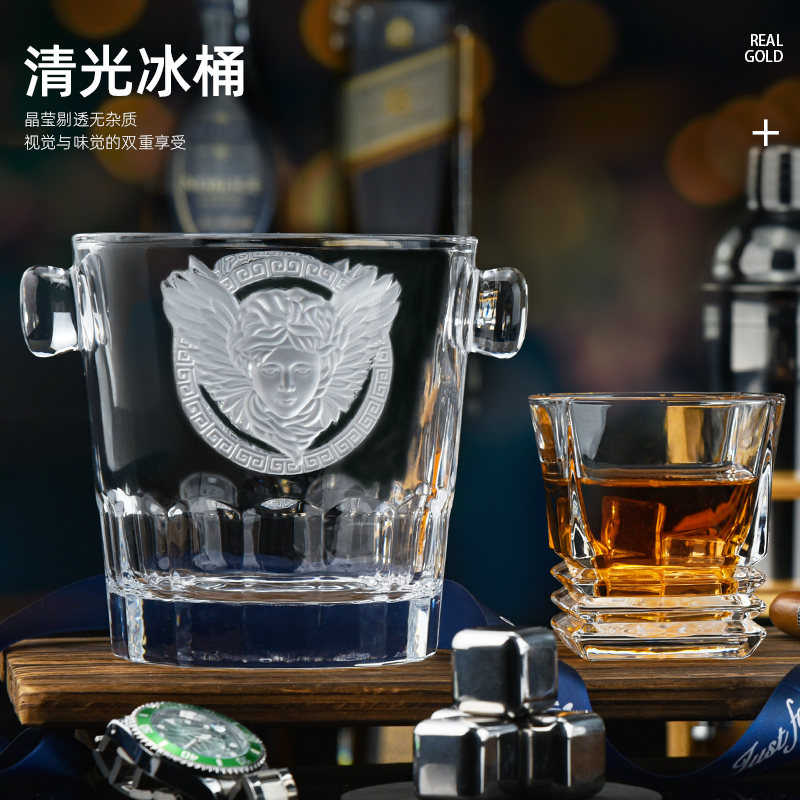 新款加厚水晶玻璃美杜莎人像冰块桶贴金冰酒桶红酒洋酒小号冰桶