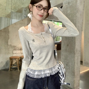 内搭短款 假两件芭蕾风蕾丝挂脖针织T恤女早秋chic甜辣打底衫 上衣