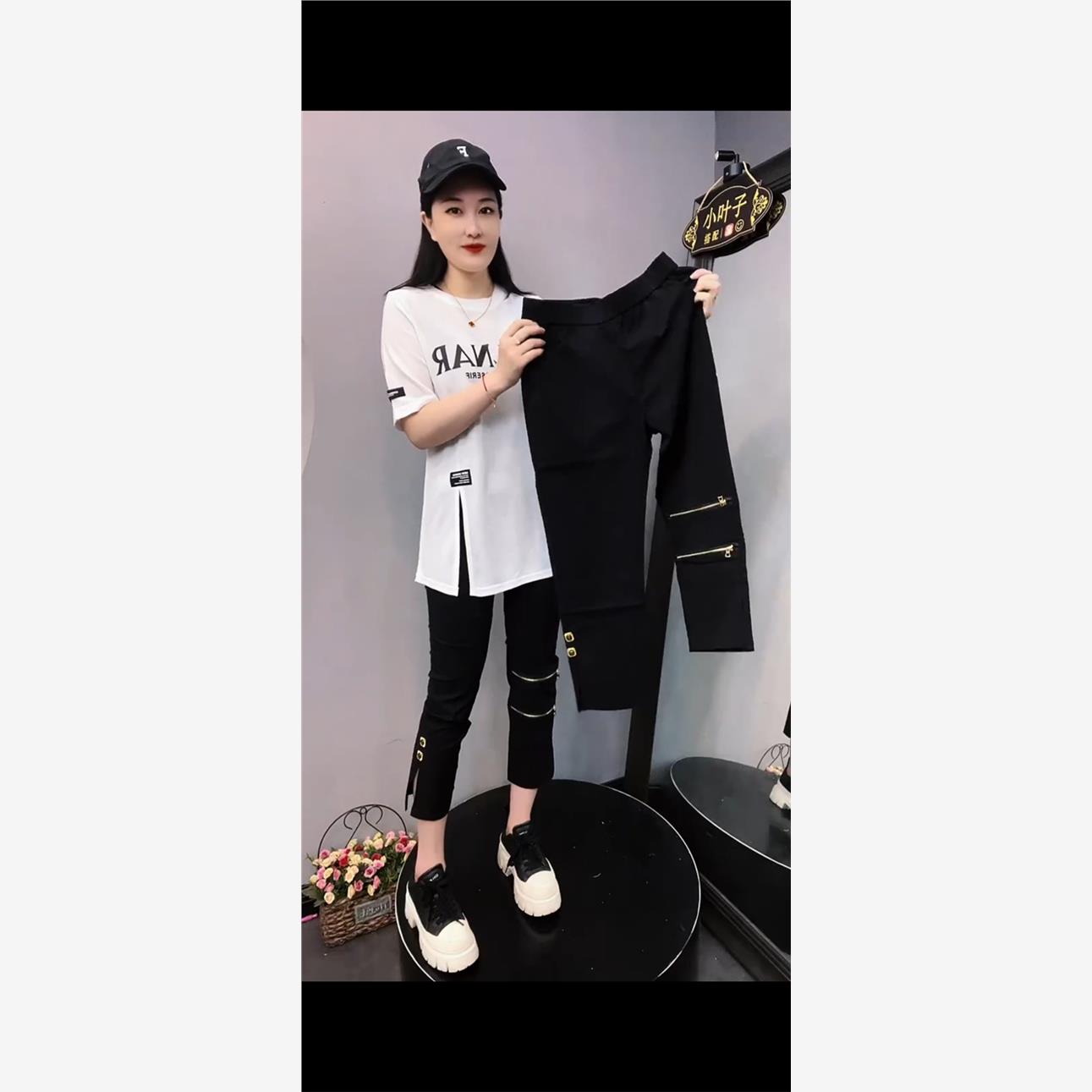 金属扣拉锁速干纸皮裤女夏薄款高腰弹力八分直筒裤休闲烟筒面膜裤