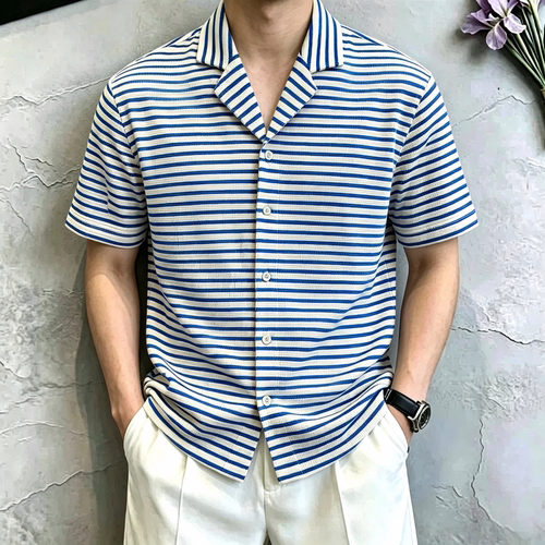 夏季男士航海风蓝白条纹短袖衬衫