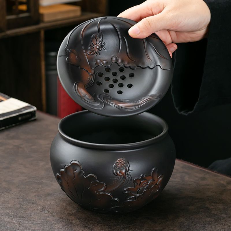 紫陶桌面茶渣缸紫砂水盂茶洗废水缸收纳垃圾桶干湿分离带过滤
