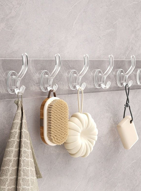 透明连排挂钩六连挂强力粘胶不掉落收纳壁挂无痕免打孔门后粘钩