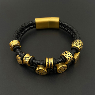 沙金粗5毫酷黑手串男皮手绳幸运和谐刺青寻龙诀八件套转运珠手链