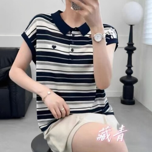36060学院风POIO领条纹针织衫女2026夏季新款莱塞尔修身显瘦上衣