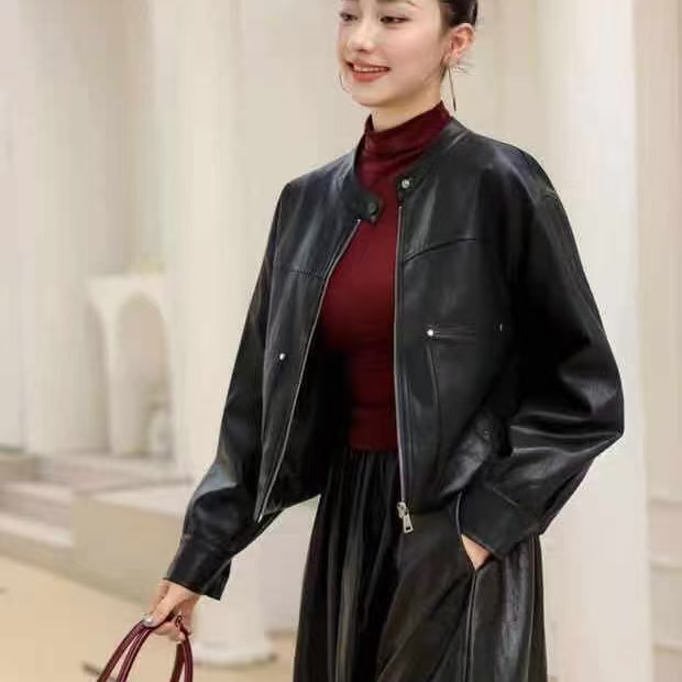 25A20立领美式复古机车皮衣女2025酷风设计感小个子休闲夹克外套
