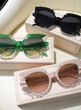 个性猫眼墨镜女搞怪夸张欧美风茶绿色海边网红防紫外线太阳镜显瘦