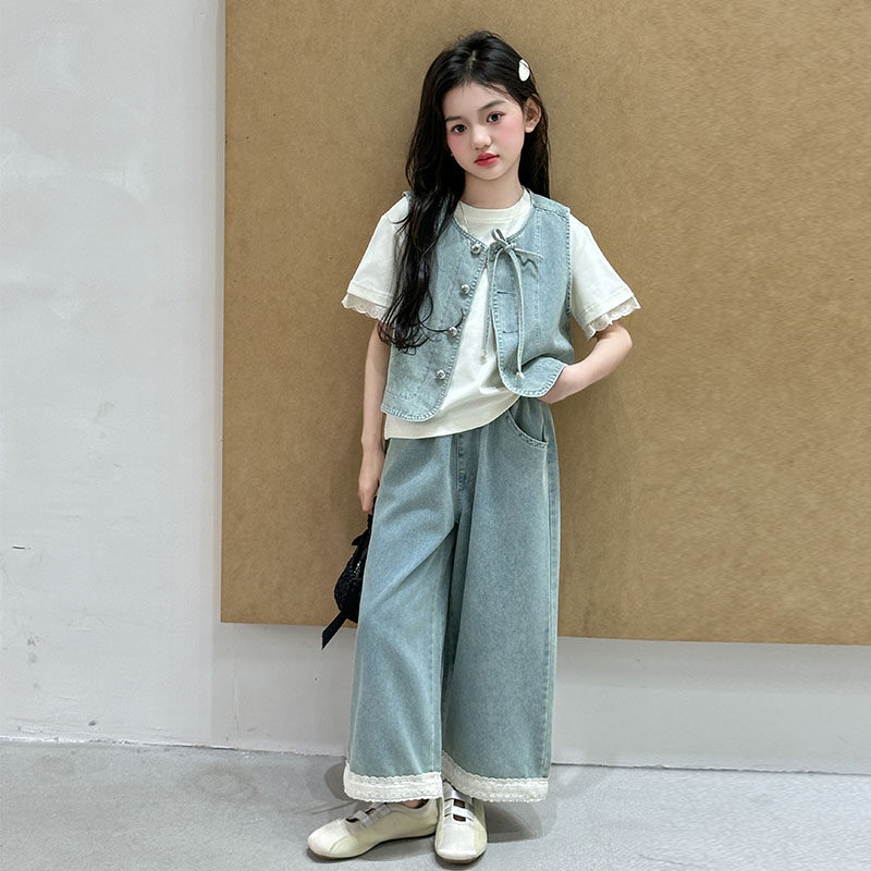 女童夏装套装2025新款儿童洋气时髦女孩牛仔马甲阔腿裤三件套大童