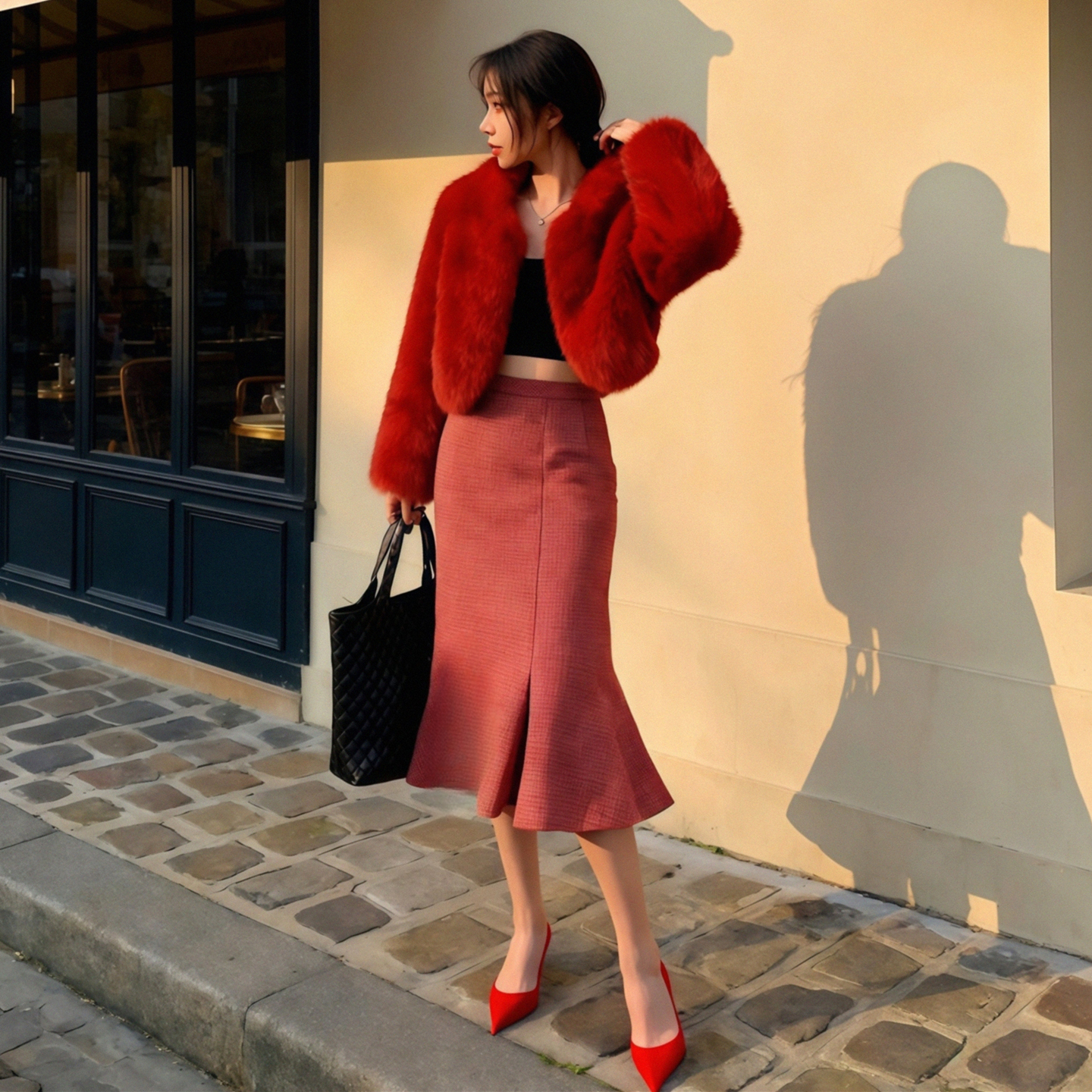 红色毛呢包臀高腰鱼尾半身裙