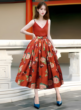 猫布制造原创新中式橙色伞裙显瘦中长款半身裙a字高腰复古蓬蓬裙