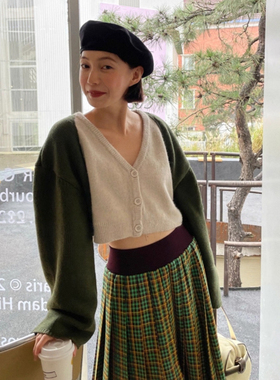 复古老钱风V领开衫女绿色宽松慵懒毛衣针织衫外套2026年春秋新款