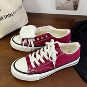 帆布鞋 青春潮流百搭系带休闲款 加绒保暖情侣时尚 酒红低帮男女同款