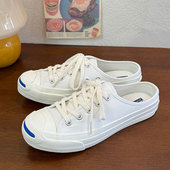 平底透气帆布拖鞋 白色开口笑低帮时尚 百搭系带港风青春潮流休闲款