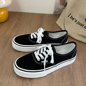 黑色低帮时尚 平底透气休闲款 潮流韩版 帆布鞋 百搭学院系带男女同款