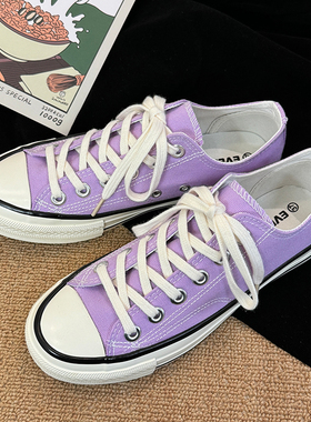 浅紫色低帮时尚青春潮流韩版百搭学院系带平底透气港风休闲帆布鞋