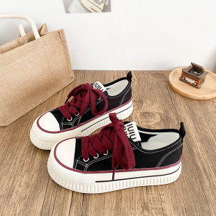 帆布鞋 红色低帮厚底增高时尚 青春潮流复古小众学院系带港风休闲款