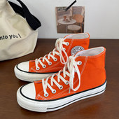 桔色平底透气港风圆标系带帆布鞋 百搭休闲时尚 情侣款 橘色男女同款