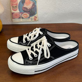 黑色低帮半拖男女同款 百搭复古平底透气帆布鞋 情侣款 港风休闲新款