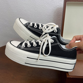 增高低帮时尚 青春潮流韩版 百搭学院系带休闲新款 黑色厚底款 帆布鞋