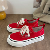 帆布鞋 大红低帮厚底增高时尚 青春潮流复古百搭学院系带港风休闲款