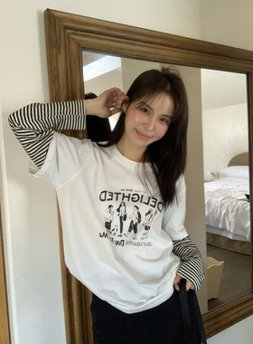 KITTIN春季韩系设计感假两件叠穿拼接印花长袖T恤宽松上衣女装