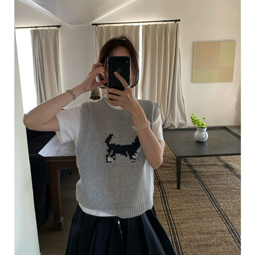 KITTIN韩系圆领简约叠穿休闲宽松小狗刺绣粗针织背心百搭上衣女春