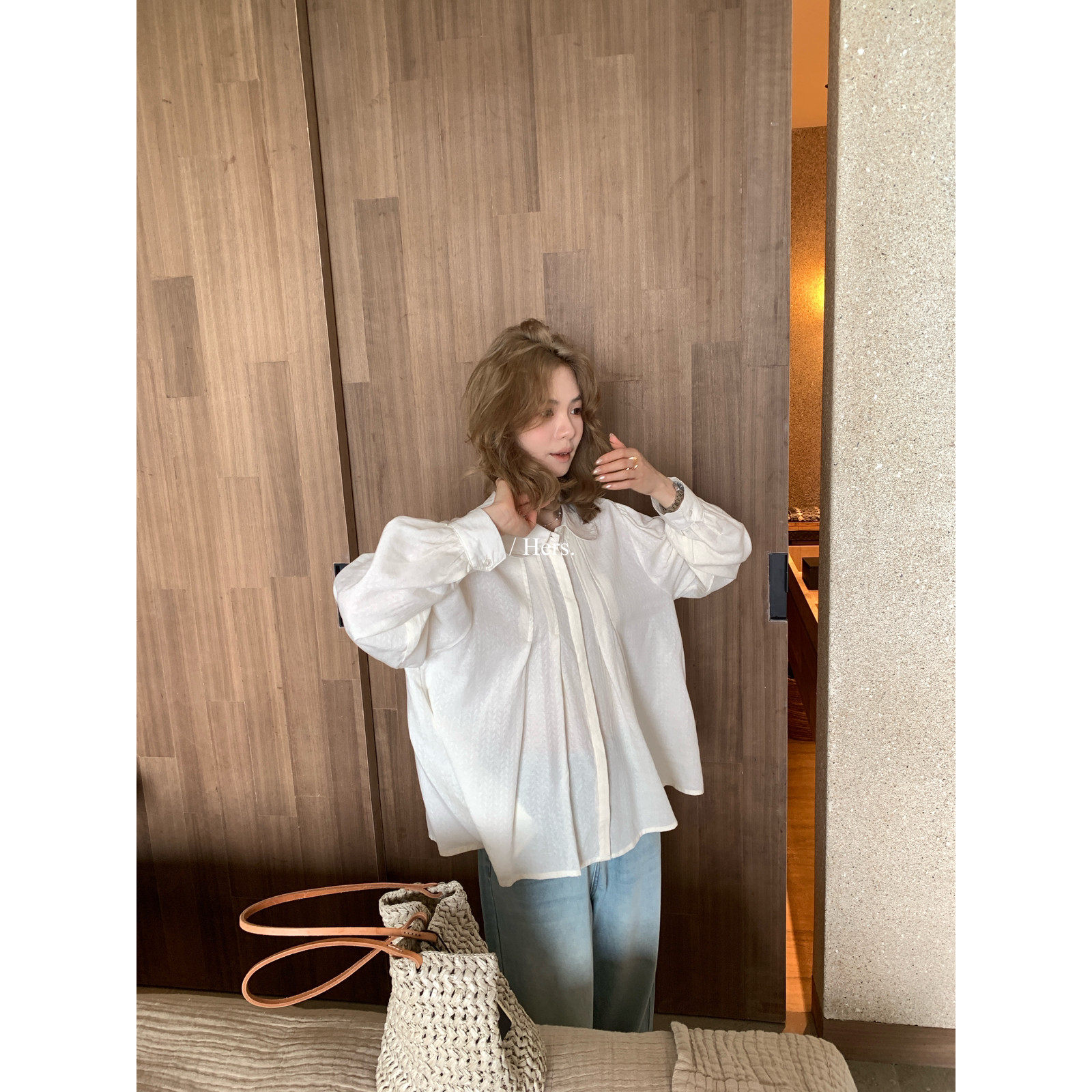 Hers韩系简约通勤气质精致小娃娃领小衫女宽松长袖衬衫纯色上衣女