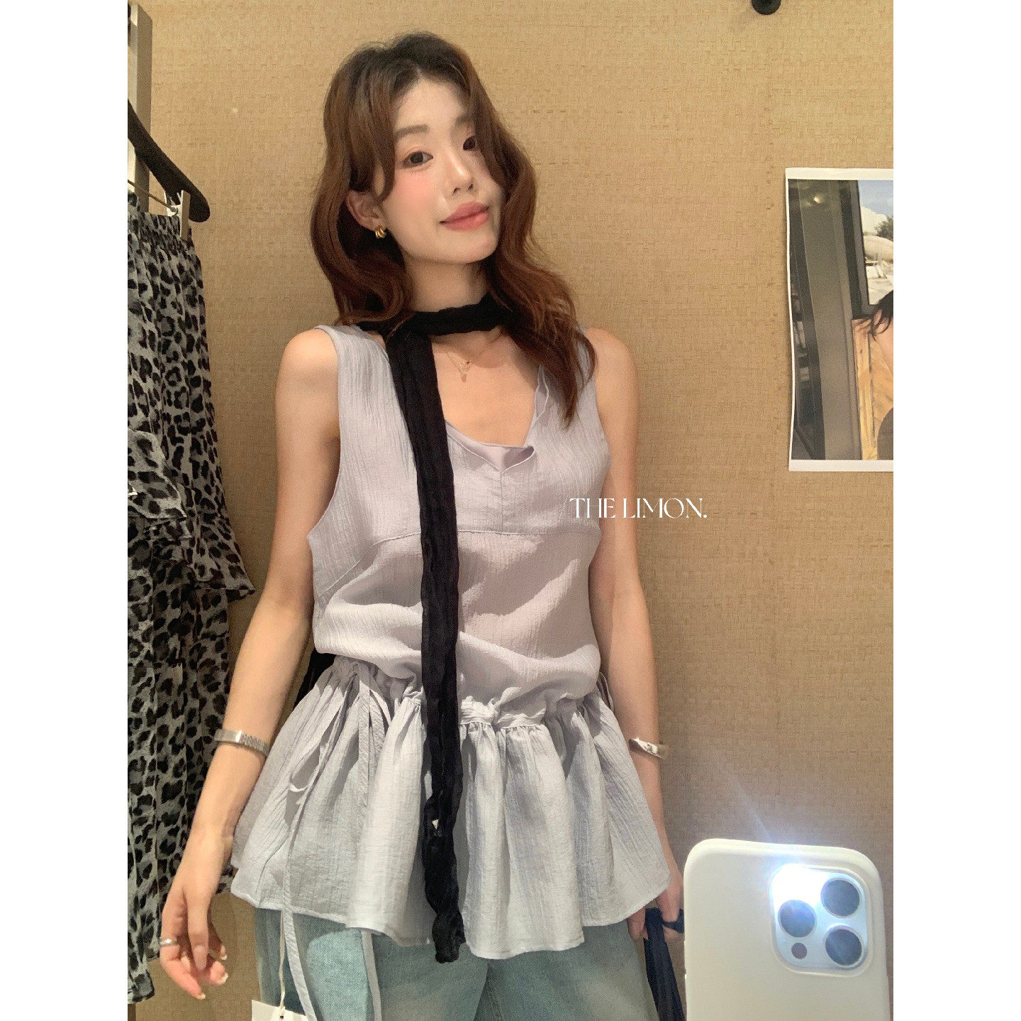 THE LIMON柠檬绿茶2026夏季韩系叠穿V领系带收腰修身背心连衣裙女