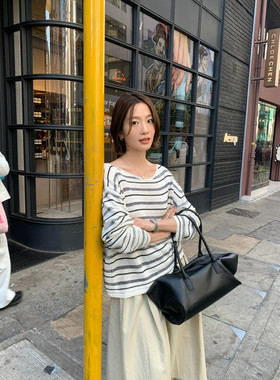 KITTIN韩系温柔显瘦百搭两穿慵懒肌理条纹宽松休闲长袖针织衫女春