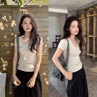 T恤上衣女装 显瘦短袖 简约百搭休闲舒适纯色圆领弹力修身 DIGM夏季