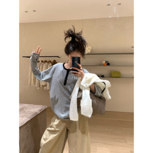 Hers韩系简约圆领休闲慵懒条纹刺绣长袖 T恤女慵懒风套头上衣女夏