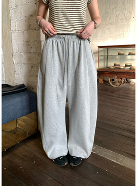 KITTIN韩系松紧腰宽松拼接慵懒显瘦垂感阔腿弯刀直筒裤休闲裤女春