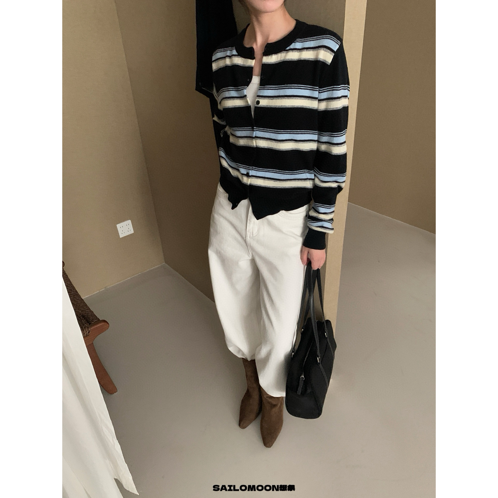 想象SAILORMOON时尚条纹假两件韩系圆领撞色宽松针织开衫2025新款