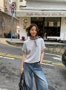 KITTIN韩系圆领简约博主风字母绣花休闲宽松短袖T恤女春(配丝巾)
