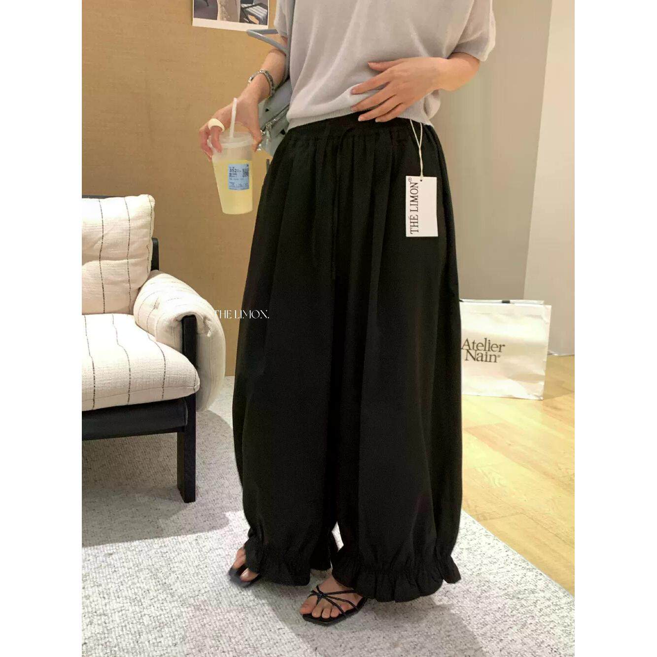 THE LEMON柠檬绿茶简约舒适花苞裤慵懒木耳边松紧腰阔腿休闲裤女