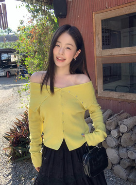 KITTIN韩系高级感一字领温柔气质单排扣显瘦收腰针织开衫上衣女春