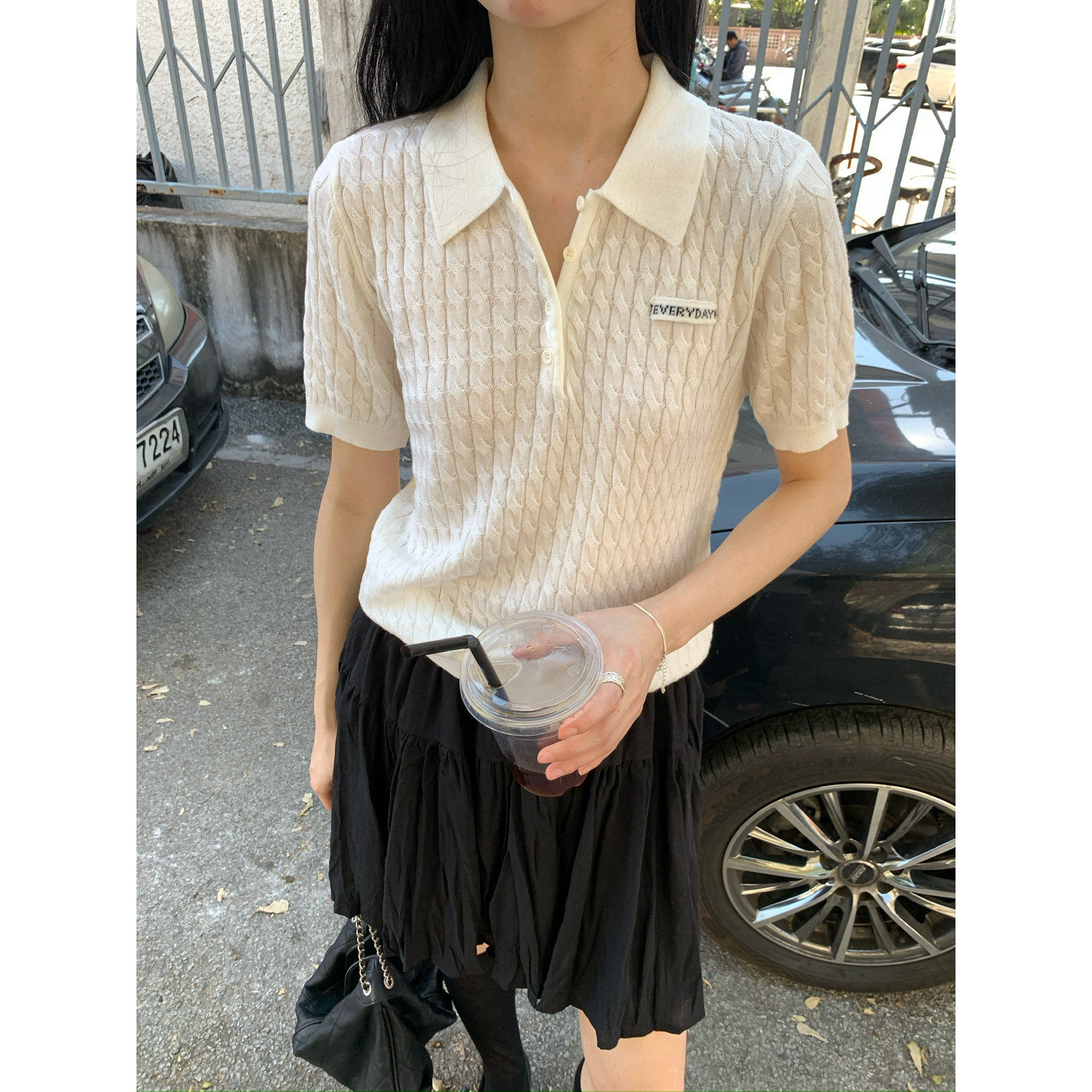 KITTIN韩系修身百搭甜美风正肩通勤麻花小标Polo领气质针织衫女春