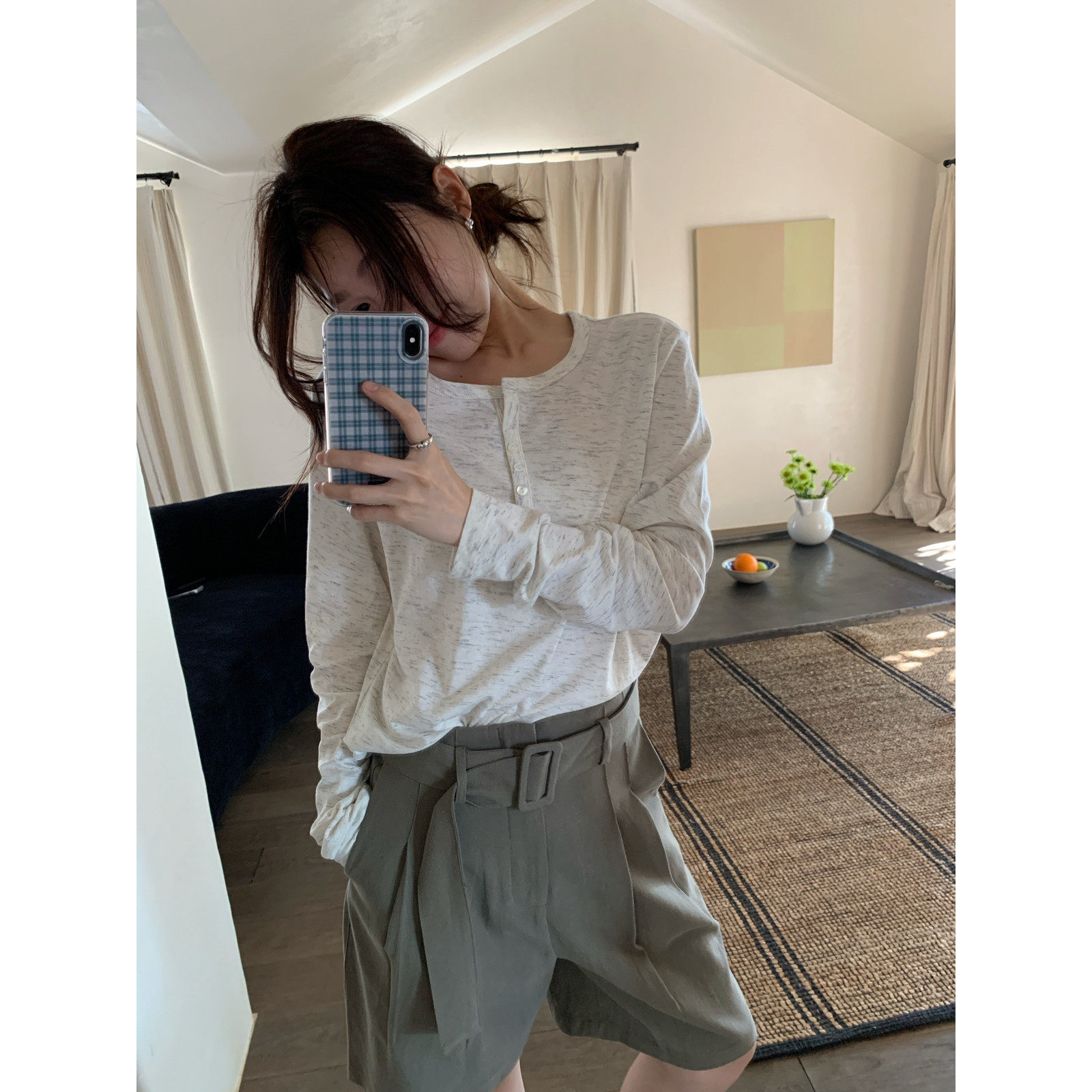 KITTIN韩系轻薄显瘦慵懒风罩衫半开领宽松大领口打底长袖T恤女春