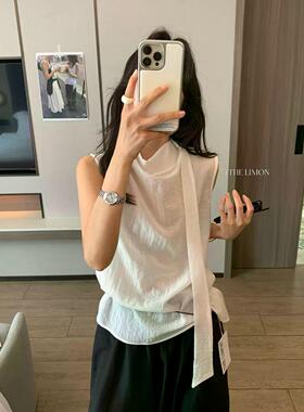 THE LIMON柠檬绿茶简约百搭舒适百搭宽松荡领飘带褶皱无袖小衫女