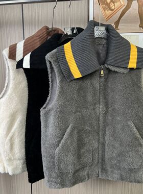 5340撤柜羊毛皮毛一体秋冬保暖复古新款无袖拉链毛衣马甲外穿外