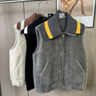 5340撤柜羊毛皮毛一体秋冬保暖复古新款无袖拉链毛衣马甲外穿外
