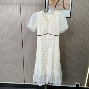 1001撤柜AL新款 亮片夏季 法式 蕾丝连衣裙气质温柔裙子 方领女装