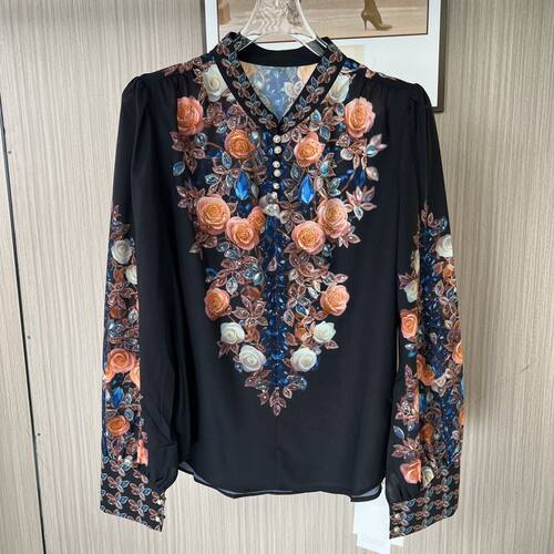 6636品牌撤柜FS夏季新款碎花长袖衬衫女烫钻印花宽松版上衣