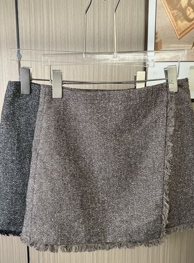 1072撤柜DS耳边花苞新款灰色毛呢短裙显瘦花边半身裙加厚