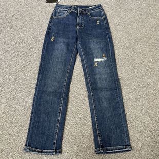 子 烟管裤 1509撤柜破洞新款 直筒九分高腰显瘦牛仔裤