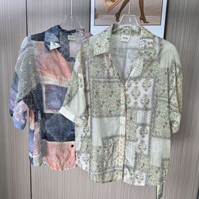 5508撤柜DS复古时尚印花短袖小众天丝衬衫夏季新款宽松减龄上衣女