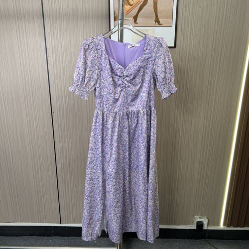 3022撤柜AL法式复古碎花连衣裙女夏气质新款桔梗泡泡裙子