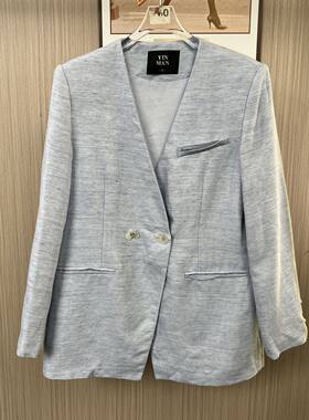 0060品牌撤柜DS春秋款蓝色西装外套女长袖一粒扣V领