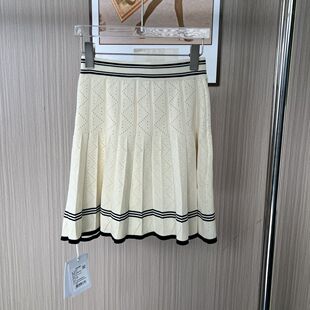 6616品牌撤柜WL南油货设计师款缕空针织百褶裙米杏色半身裙弹力