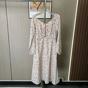 3030撤柜AL碎花雪纺连衣裙长袖新款温柔法式显瘦收腰裙子气质长裙